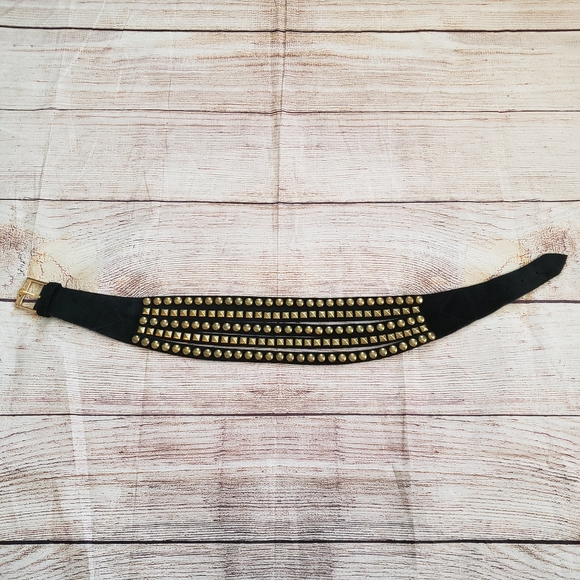 B-Low the Belt Gold Studded Black Leather Belt - Picture 4 of 9